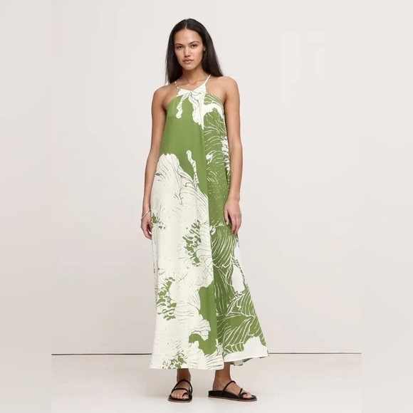 Banana Republic Matte 100% Silk Cross-Front Maxi Dress Green Floral Size XL $350 - Picture 2 of 12